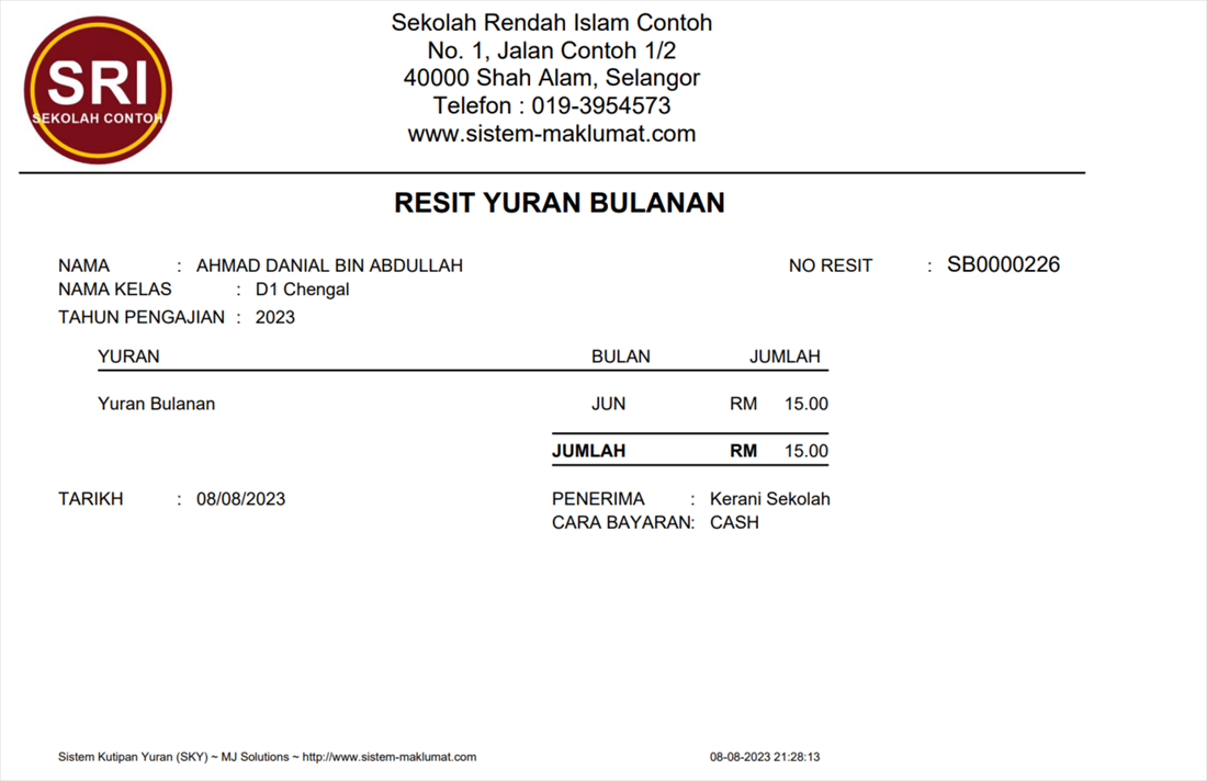 Contoh resit yuran bulanan