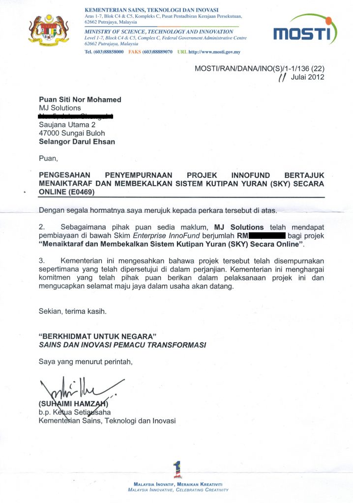 Surat MOSTI &ndash; dana Innofund